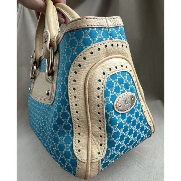 Céline Macadam Canvas Cream Leather Hand Bag Aquamarine Blue Purse - Picture 6 of 15